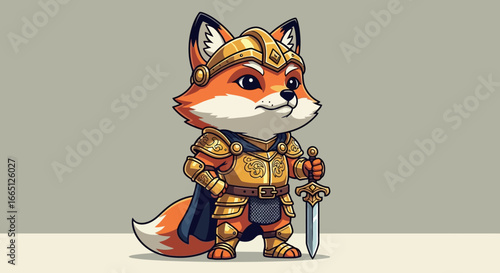 Whimsical Armored Fox Character Illustration, a Brave and Charming Forest Warrior Clad in Shining Golden Plate Armor, Ready for Adventure with a Sword