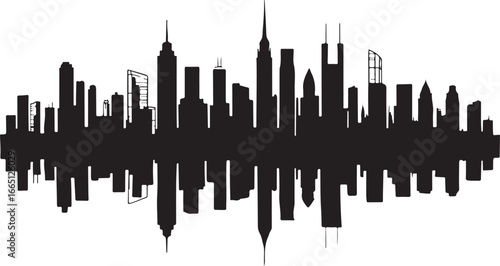 Black silhouette of a city skyline with inverted reflection