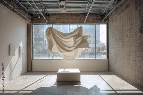 Cream-colored fabric draped in a modern gallery space