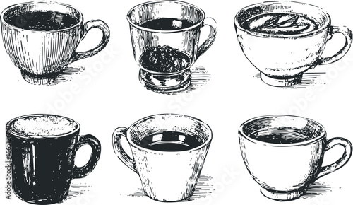 Six Hand Drawn Coffee Cups with Different Styles and Fillings