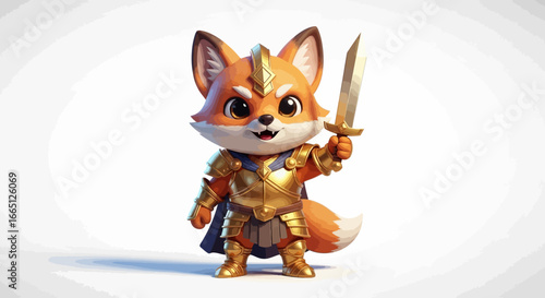 A charming and courageous fox knight, gleaming in golden armor and wielding a tiny sword, embodies playful heroism and whimsical fantasy in a beautifully rendered 3D illustration