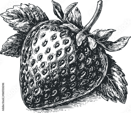 Detailed Engraving of a Strawberry with Leaves and Seed Texture