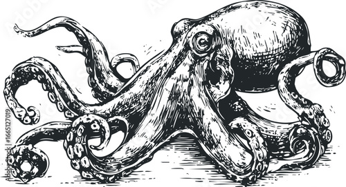 Detailed linocut style drawing of a realistic octopus with visible tentacles and suckers