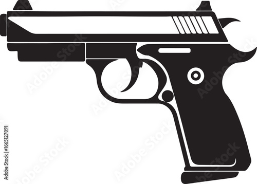 automatic handgun pistol silhouette, vector and illustration, black and white