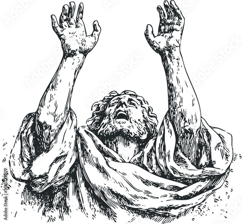 Person with arms raised in supplication and anguished expression