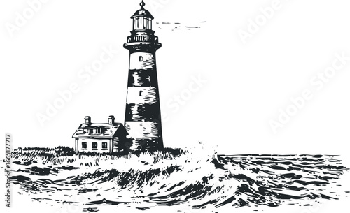Vintage lighthouse on a rocky coast with crashing waves
