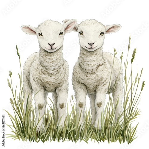 Cute Lambs Green Meadow, watercolor illustration vector, isolated on a white background.