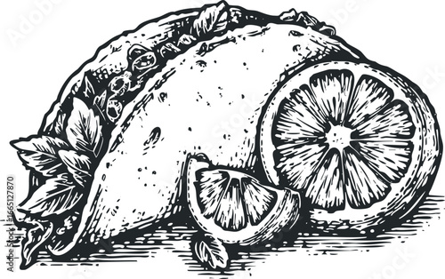 Hand-drawn taco with lime wedges and herbs in a graphic style