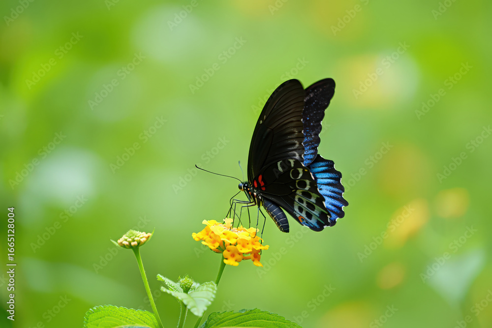 Fototapeta premium A Captivating Butterfly's Dance A Swallowtail Sipping Nectar from Yellow Flowers in a Lush Garden Setting A Symphony of Nature's Beauty and Intricate Details