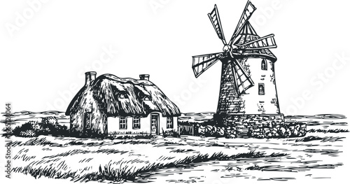 Sketch of Traditional Thatched Roof Cottage and Stone Windmill in a Grassy Field
