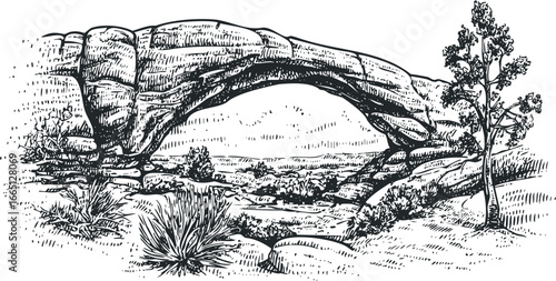 Sketch of a natural stone arch formation with desert vegetation and distant hills