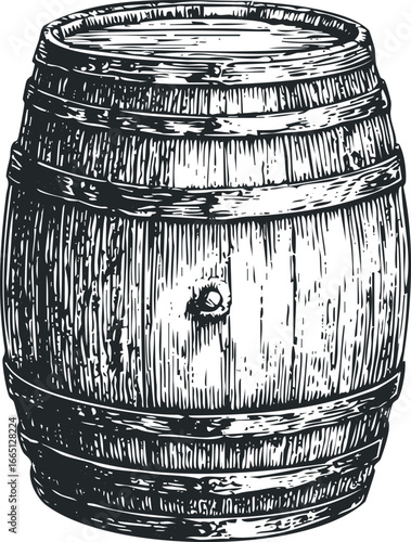 Detailed monochrome sketch of a wooden barrel with metal bands and bung hole