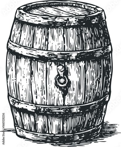 Wooden Barrel with Metal Bands and Handle Illustration
