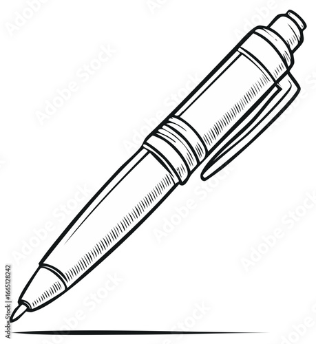 A classic ballpoint pen in a hand drawn black and white line art illustration style