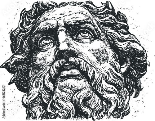 Gritty Textured Sketch of a Bearded Old Man with Long Wavy Hair