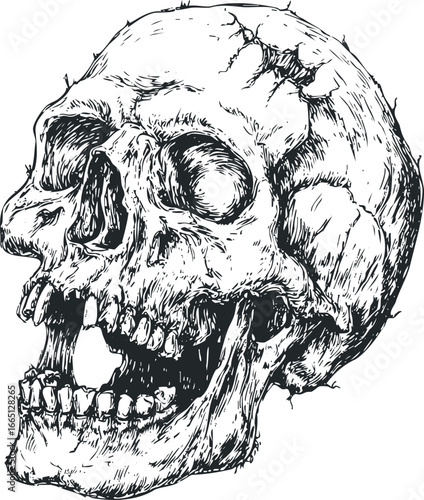 Detailed sketch of a weathered human skull with an open jaw