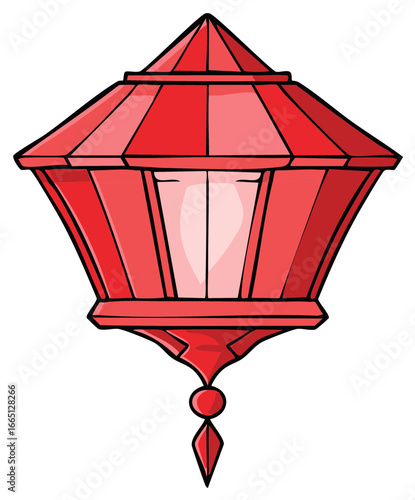 Decorative red outdoor lantern with faceted glass panels and ornate hanging finial