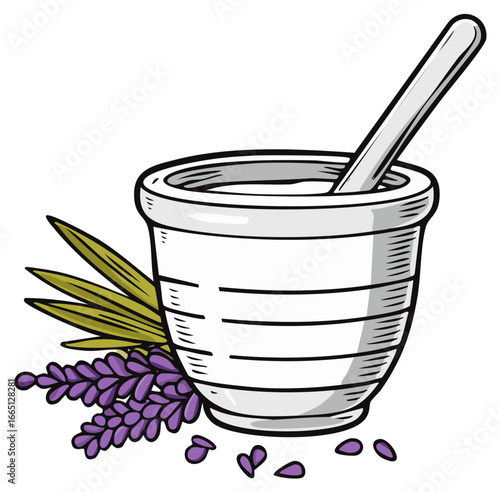 Illustration of a mortar and pestle with lavender and leaves, stylized drawing