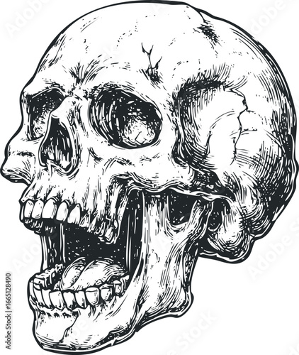 Detailed sketch of a human skull with an open jaw and visible teeth