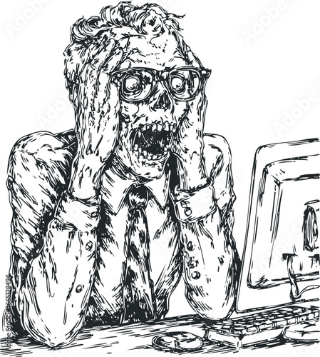 Desk Worker in Stressful Situation with Skull Face and Glasses