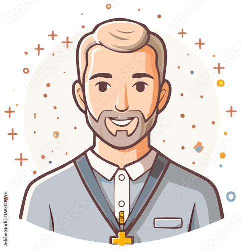 Smiling Man With Cross Pendant: Cartoon Illustration of Religious Figure in Shirt and Necklace