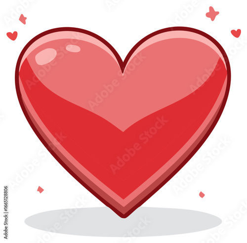 Vibrant Red Glossy Heart Shape with Sparkle Accents and Subtle Shadows