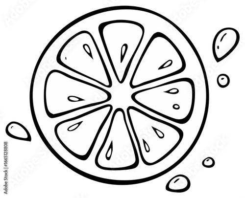 Stylized citrus fruit slice with juice droplets in simple black and white outline graphic