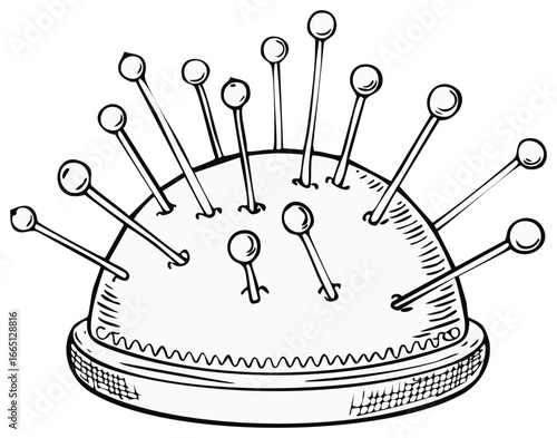 Pincushion with Pins Needlework Sewing Black and White Illustration