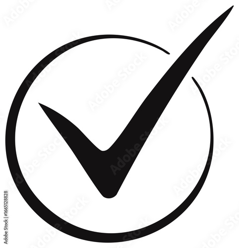 Bold black checkmark icon inside a circle symbolizing approval validation completion success