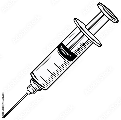 Black and white illustration of a medical syringe, angled view with a needle.