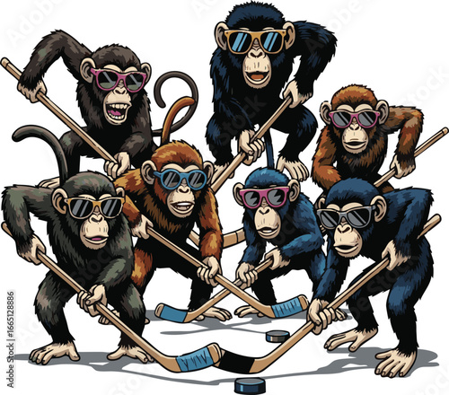 create need a kinds of different Monkey ware in sunglass play with hokey victor art on white background.