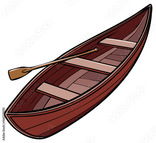Illustration of red canoe boat with a paddle for rowing isolated on white background