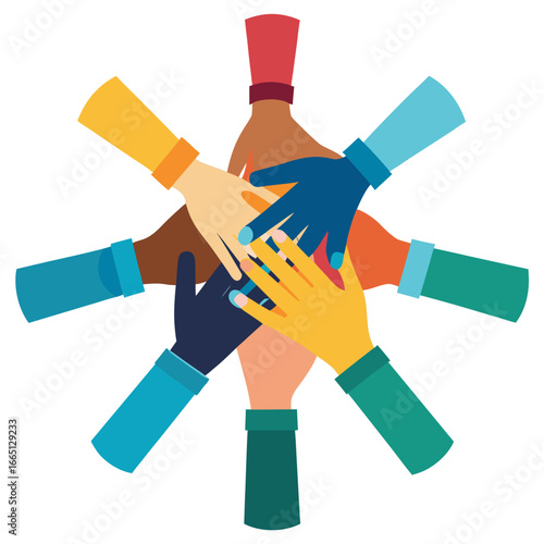 Diverse team hands together symbolizing unity and collaboration, fostering innovation and trust for strong partnership, teamwork across cultures and ethnicities, celebrating success