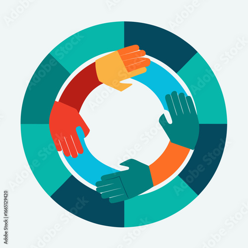 Diverse hands unite in colorful circle symbolizing teamwork collaboration and collective success fostering strong bonds and shared goals for impactful projects and community building