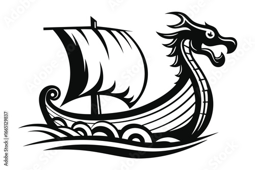 Outline of a Viking Drakkar Ship with Dragon Head on White