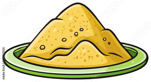 Pile of Yellow Powder or Sand on Green Plate Cartoon Style