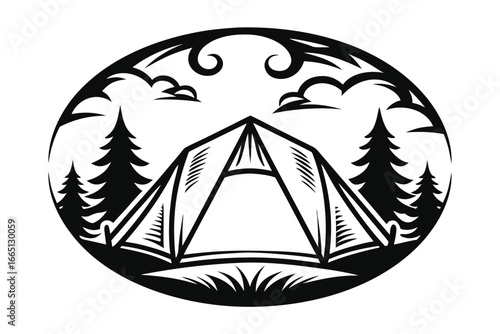 Tent Vector, Striped Design, Camping Shelter with Clouds, White Background Design