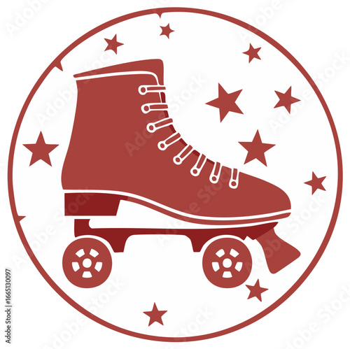 Retro Red Quad Roller Skate Icon with Stars in a Circular Frame Illustration