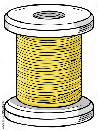 Isolated spool of yellow thread with white ends for sewing purposes or textile design