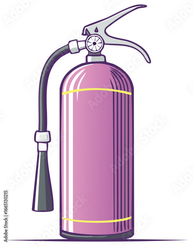 Illustration of a pink fire extinguisher with a gray hose and nozzle