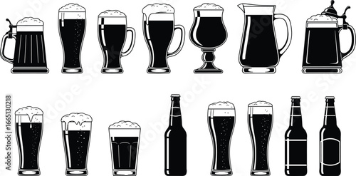 Beer collection icon set, beer glass and bottle graphics, black pictograms, frothy drink symbols, vector illustrations, bar icons