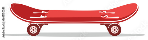 Vibrant red skateboard with white trim and wheels isolated on a plain background