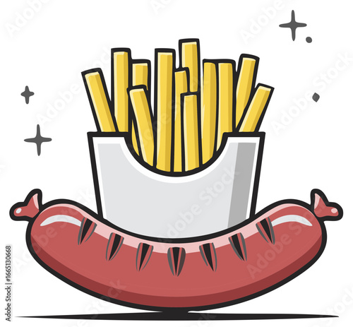 Cartoon illustration of a sausage with french fries. Fast food concept.