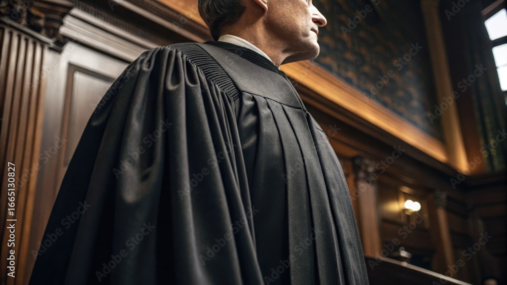 Naklejka premium The focus is on a judge's black robe inside a historic courtroom setting.
