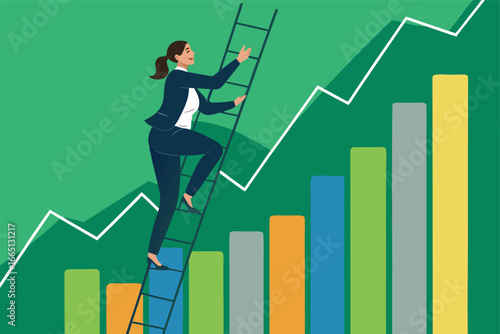 Businesswoman ascends a ladder on a rising stock graph.