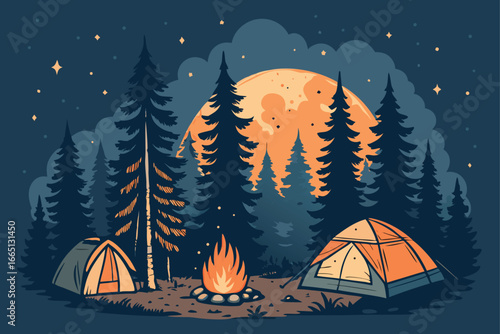 Cozy night scene of a forest campfire with glowing tents.