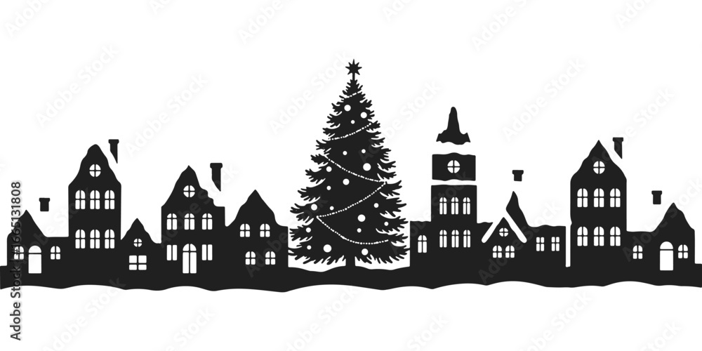 Fototapeta premium Christmas Town with Decorated Tree and Buildings Silhouette Vector illustration.