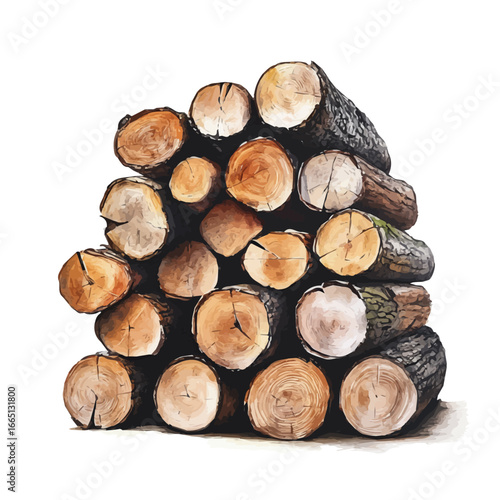 Cozy Fireplace Firewood Stack, watercolor vector, isolated on a white background.