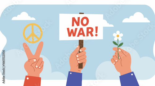 Illustration of Hands Protesting for Peace with "No War" Sign