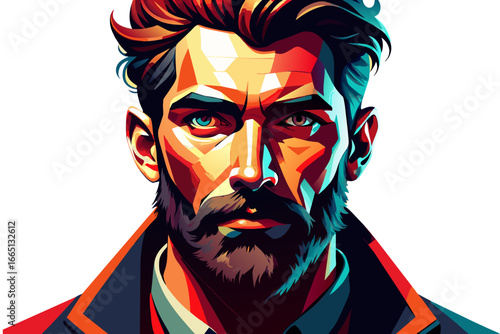 A man with a hipster mustache and a serious expression